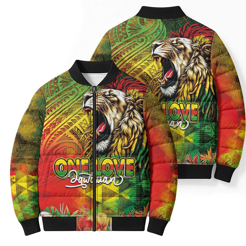 Hawaiian Reggae Bomber Puffer Jacket Jawaiian One Love-Tribal Tatoos and Rastafari Lion - Polynesian Pride