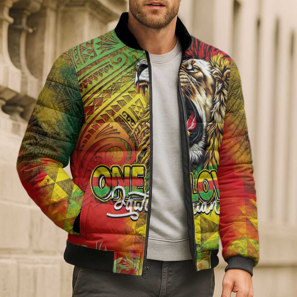 Hawaiian Reggae Bomber Puffer Jacket Jawaiian One Love-Tribal Tatoos and Rastafari Lion - Polynesian Pride