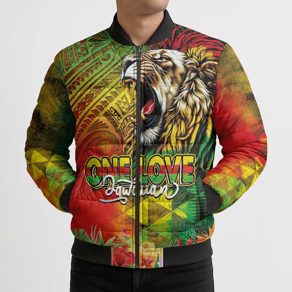 Hawaiian Reggae Bomber Puffer Jacket Jawaiian One Love-Tribal Tatoos and Rastafari Lion - Polynesian Pride