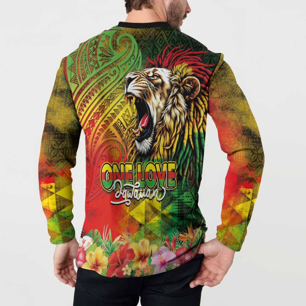 Hawaiian Reggae Button Sweatshirt Jawaiian One Love-Tribal Tatoos and Rastafari Lion - Polynesian Pride