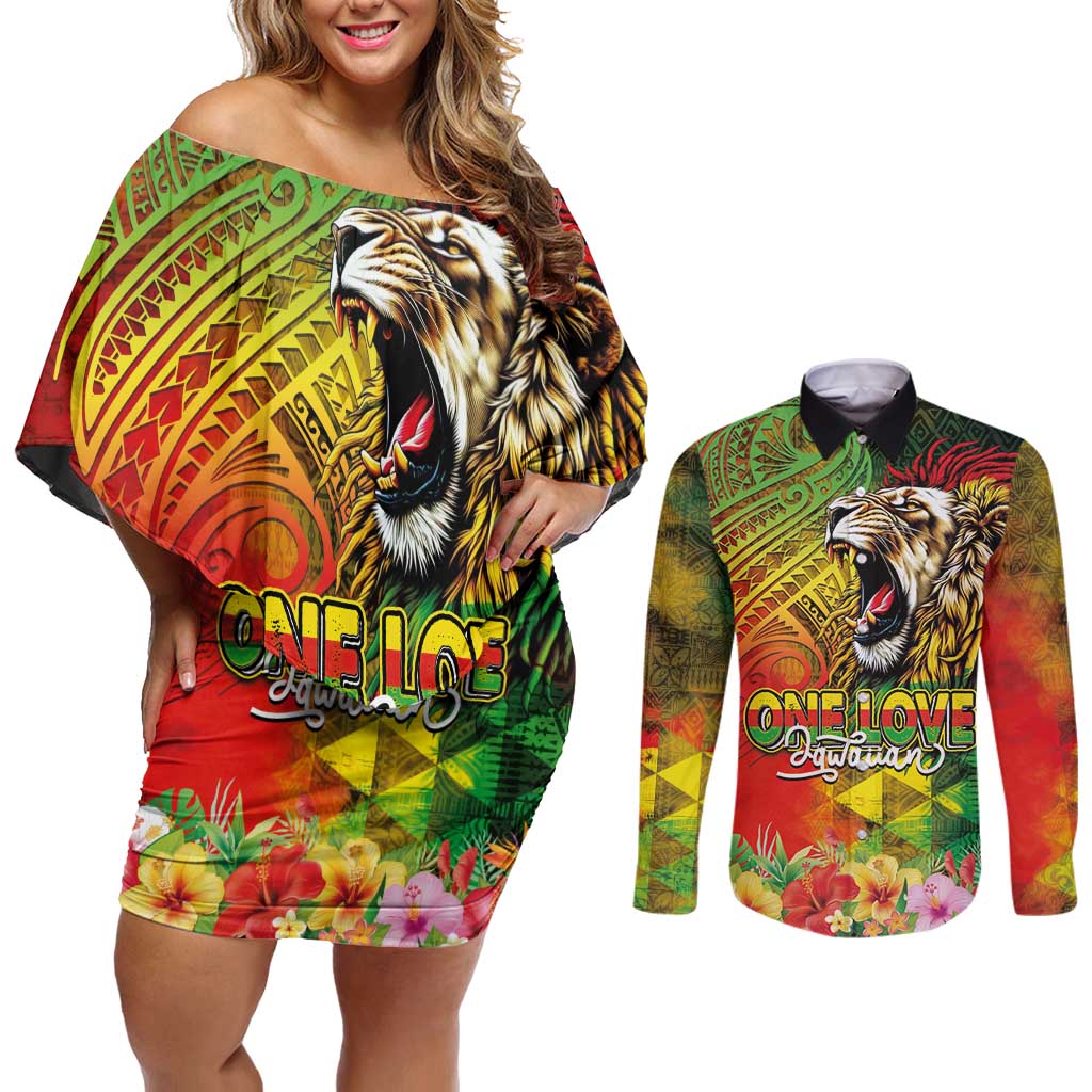 Hawaiian Reggae Couples Matching Off Shoulder Short Dress and Long Sleeve Button Shirt Jawaiian One Love-Tribal Tatoos and Rastafari Lion - Polynesian Pride