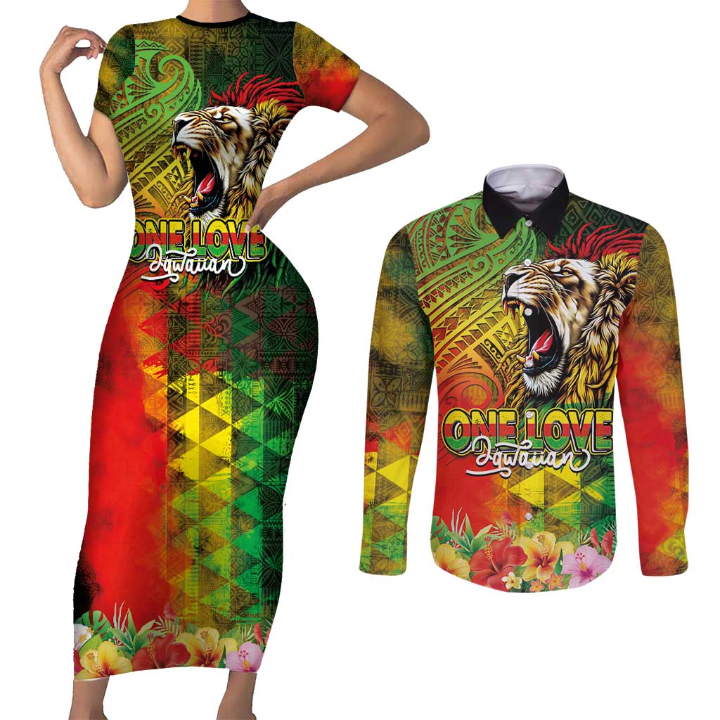 Hawaiian Reggae Couples Matching Short Sleeve Bodycon Dress and Long Sleeve Button Shirt Jawaiian One Love-Tribal Tatoos and Rastafari Lion - Polynesian Pride