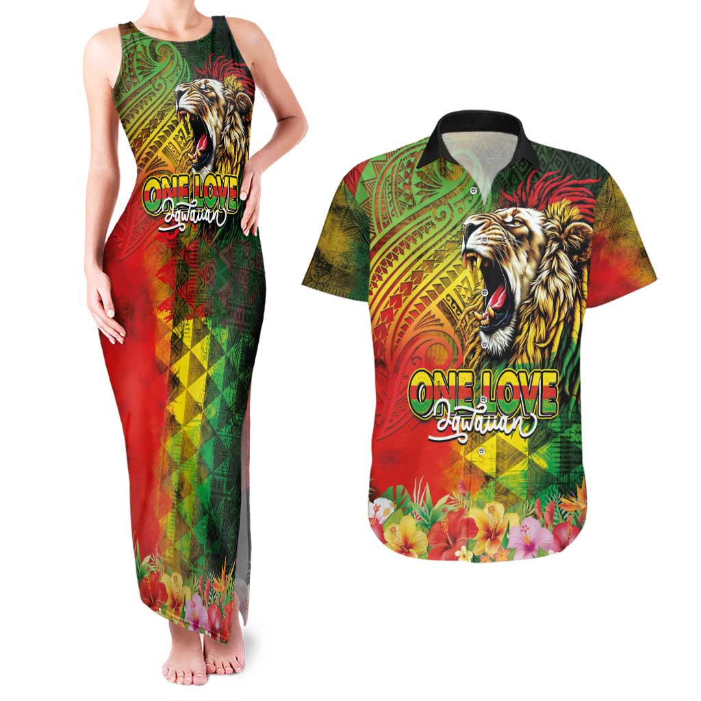 Hawaiian Reggae Couples Matching Tank Maxi Dress and Hawaiian Shirt Jawaiian One Love-Tribal Tatoos and Rastafari Lion - Polynesian Pride