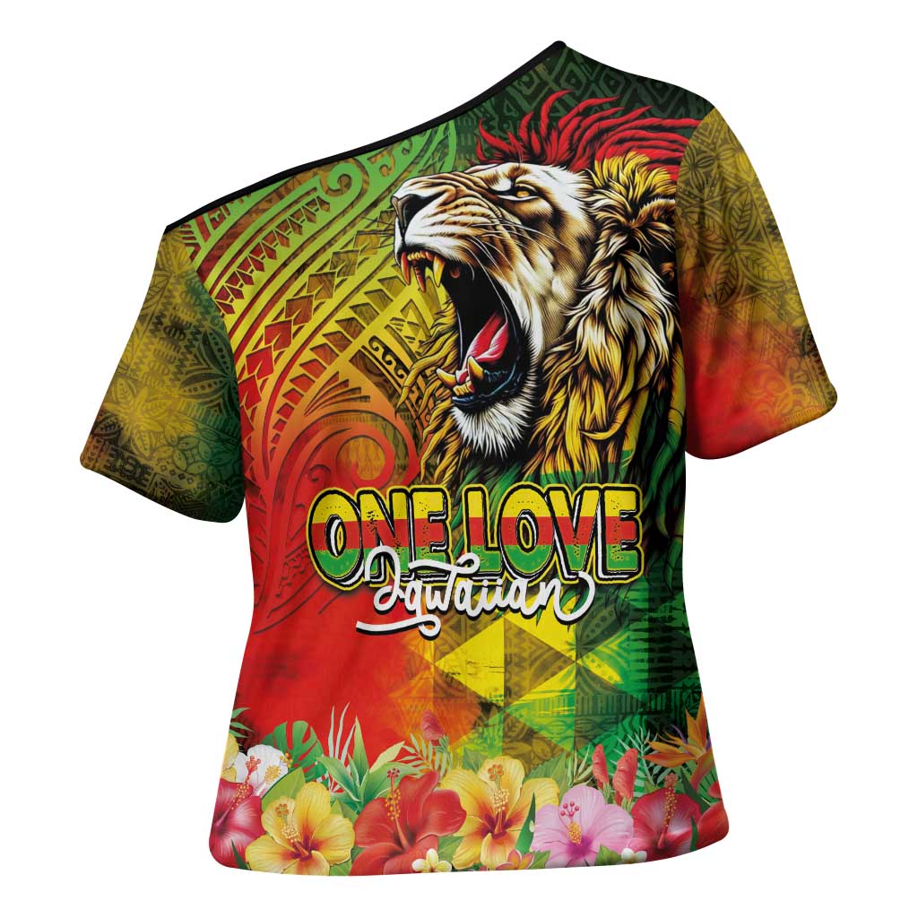 Hawaiian Reggae Cross Shoulder Shirt Jawaiian One Love-Tribal Tatoos and Rastafari Lion - Polynesian Pride