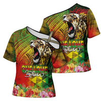 Hawaiian Reggae Cross Shoulder Shirt Jawaiian One Love-Tribal Tatoos and Rastafari Lion - Polynesian Pride