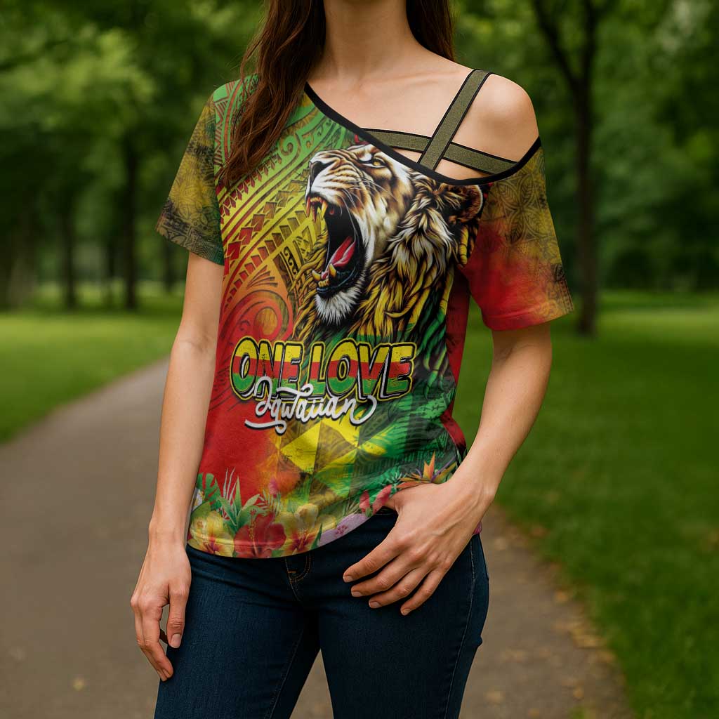Hawaiian Reggae Cross Shoulder Shirt Jawaiian One Love-Tribal Tatoos and Rastafari Lion - Polynesian Pride