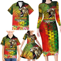 Hawaiian Reggae Family Matching Long Sleeve Bodycon Dress and Hawaiian Shirt Jawaiian One Love-Tribal Tatoos and Rastafari Lion - Polynesian Pride