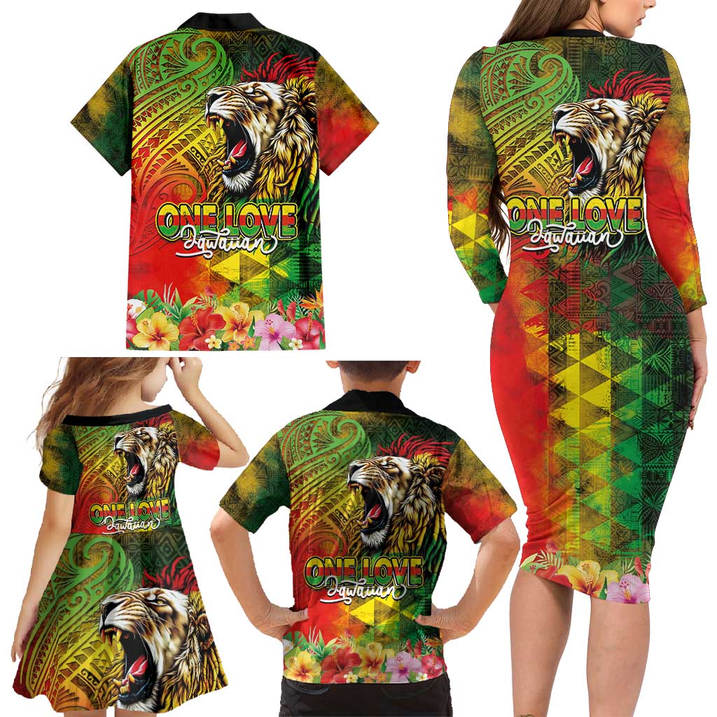 Hawaiian Reggae Family Matching Long Sleeve Bodycon Dress and Hawaiian Shirt Jawaiian One Love-Tribal Tatoos and Rastafari Lion - Polynesian Pride