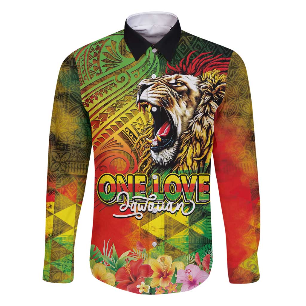 Hawaiian Reggae Family Matching Long Sleeve Bodycon Dress and Hawaiian Shirt Jawaiian One Love-Tribal Tatoos and Rastafari Lion - Polynesian Pride