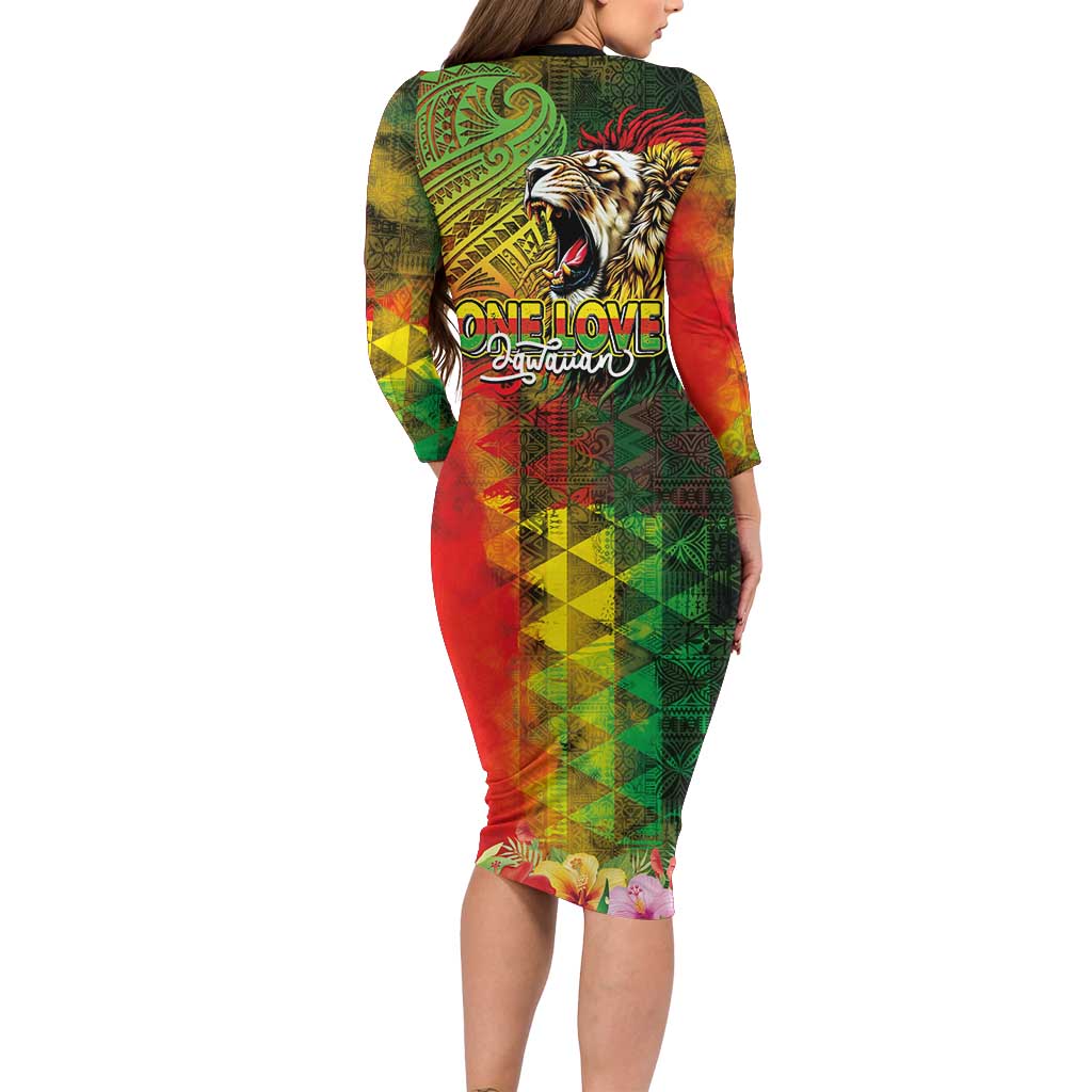 Hawaiian Reggae Family Matching Long Sleeve Bodycon Dress and Hawaiian Shirt Jawaiian One Love-Tribal Tatoos and Rastafari Lion - Polynesian Pride