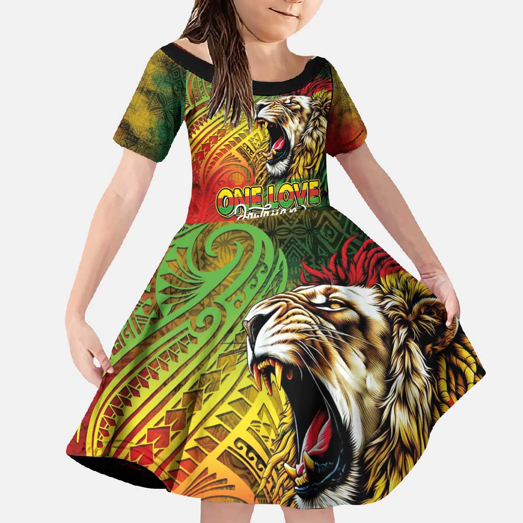 Hawaiian Reggae Family Matching Mermaid Dress and Hawaiian Shirt Jawaiian One Love-Tribal Tatoos and Rastafari Lion - Polynesian Pride