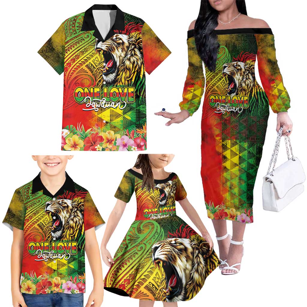 Hawaiian Reggae Family Matching Off The Shoulder Long Sleeve Dress and Hawaiian Shirt Jawaiian One Love-Tribal Tatoos and Rastafari Lion LT03 - Polynesian Pride