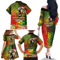 Hawaiian Reggae Family Matching Off The Shoulder Long Sleeve Dress and Hawaiian Shirt Jawaiian One Love-Tribal Tatoos and Rastafari Lion - Polynesian Pride