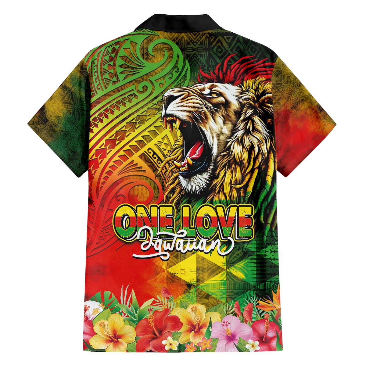 Hawaiian Reggae Family Matching Off The Shoulder Long Sleeve Dress and Hawaiian Shirt Jawaiian One Love-Tribal Tatoos and Rastafari Lion - Polynesian Pride