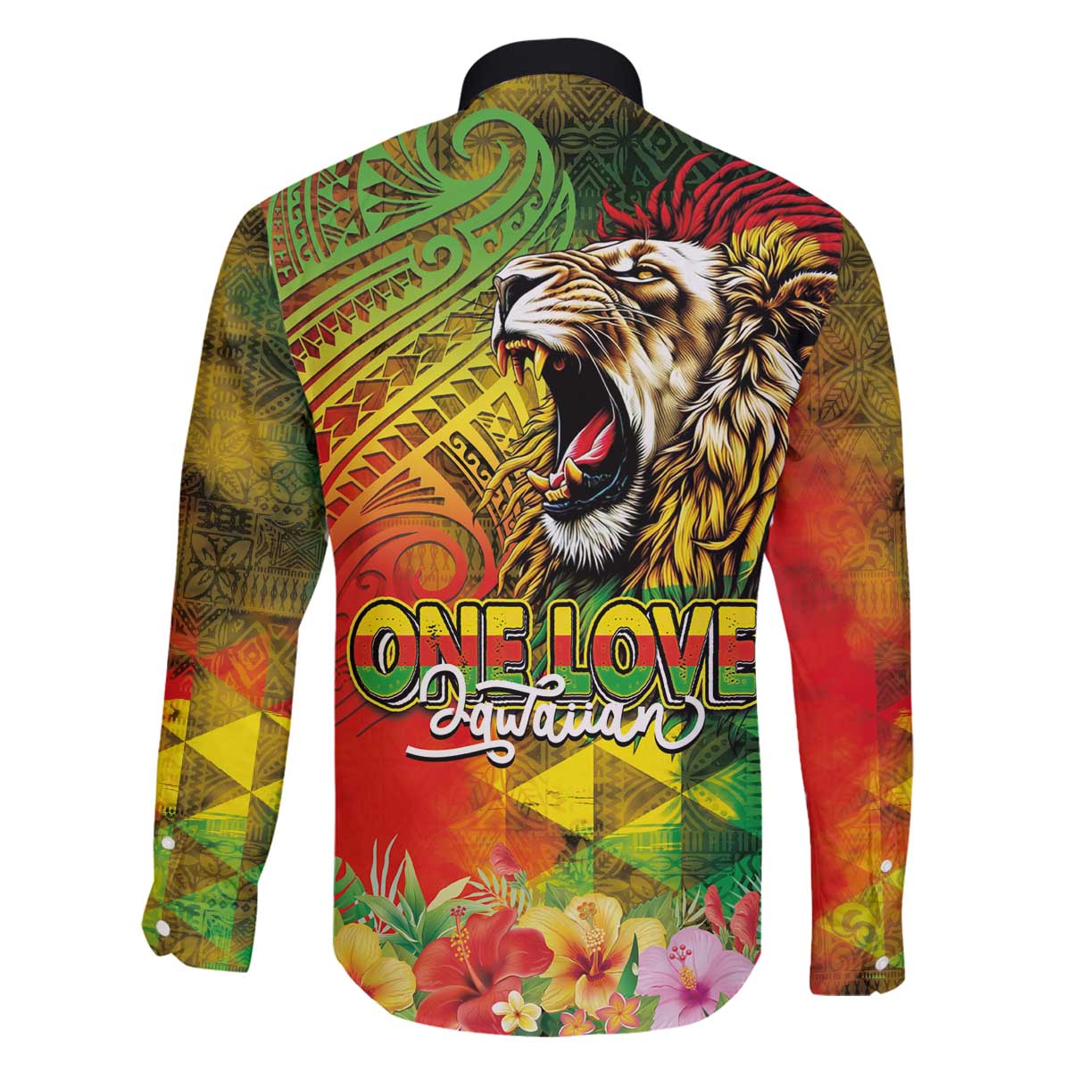Hawaiian Reggae Family Matching Off The Shoulder Long Sleeve Dress and Hawaiian Shirt Jawaiian One Love-Tribal Tatoos and Rastafari Lion - Polynesian Pride