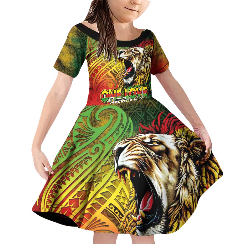 Hawaiian Reggae Family Matching Off Shoulder Short Dress and Hawaiian Shirt Jawaiian One Love-Tribal Tatoos and Rastafari Lion - Polynesian Pride