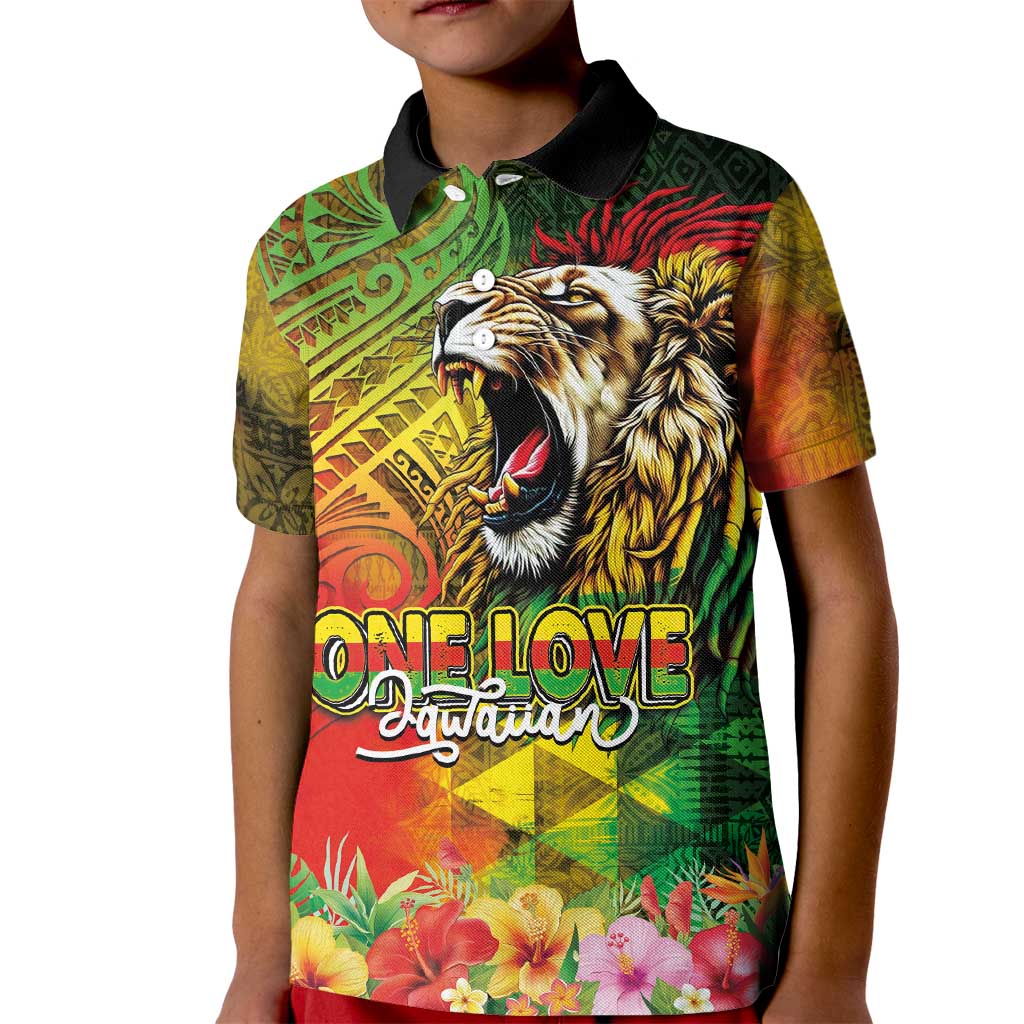 Hawaiian Reggae Kid Polo Shirt Jawaiian One Love-Tribal Tatoos and Rastafari Lion LT03 Kid Multicolor - Polynesian Pride