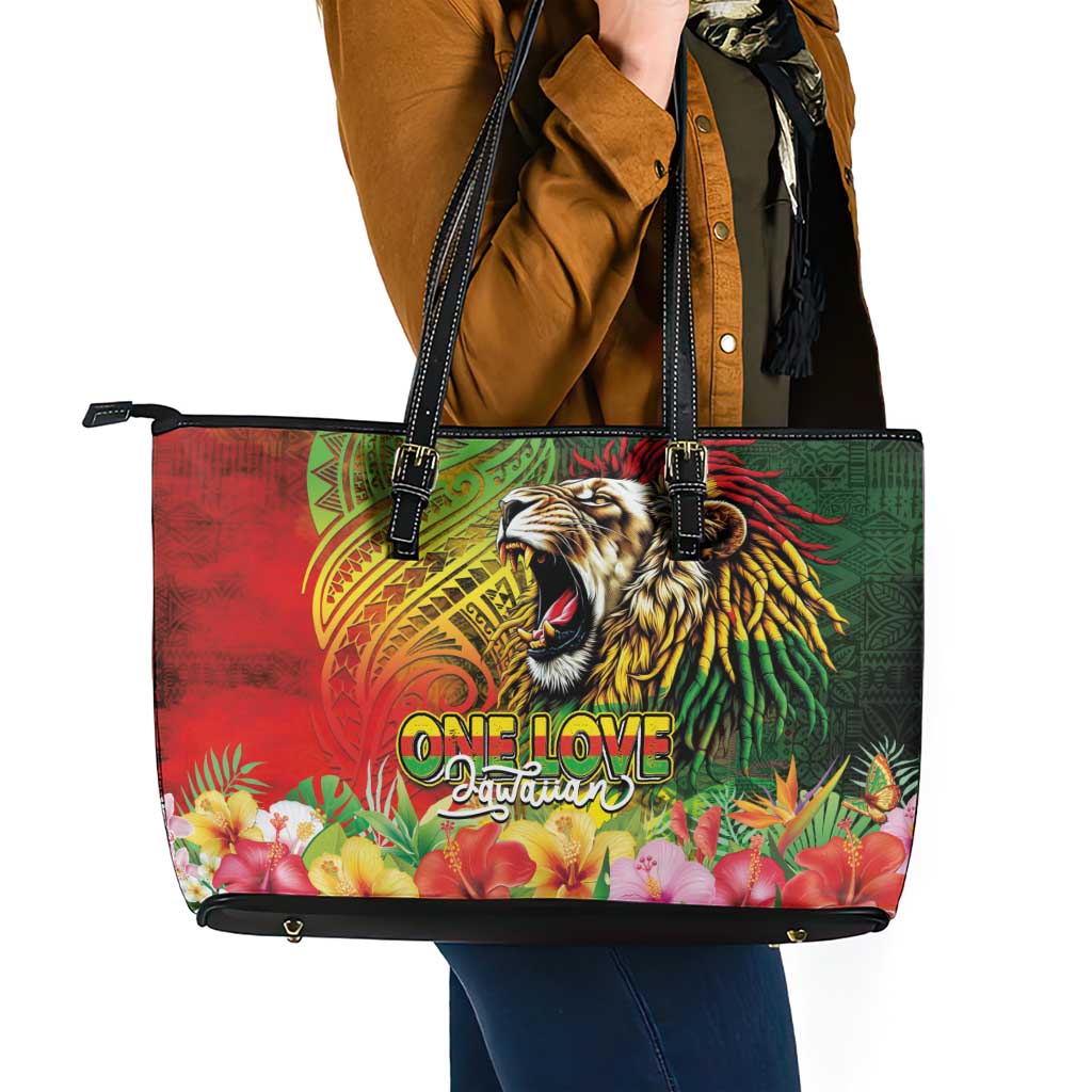 Hawaiian Reggae Leather Tote Bag Jawaiian One Love-Tribal Tatoos and Rastafari Lion - Polynesian Pride