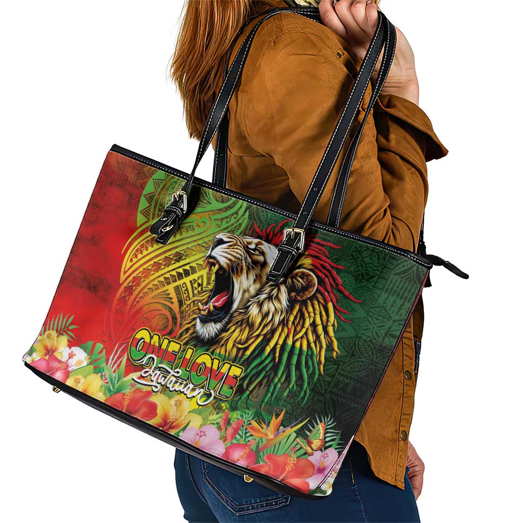 Hawaiian Reggae Leather Tote Bag Jawaiian One Love-Tribal Tatoos and Rastafari Lion - Polynesian Pride