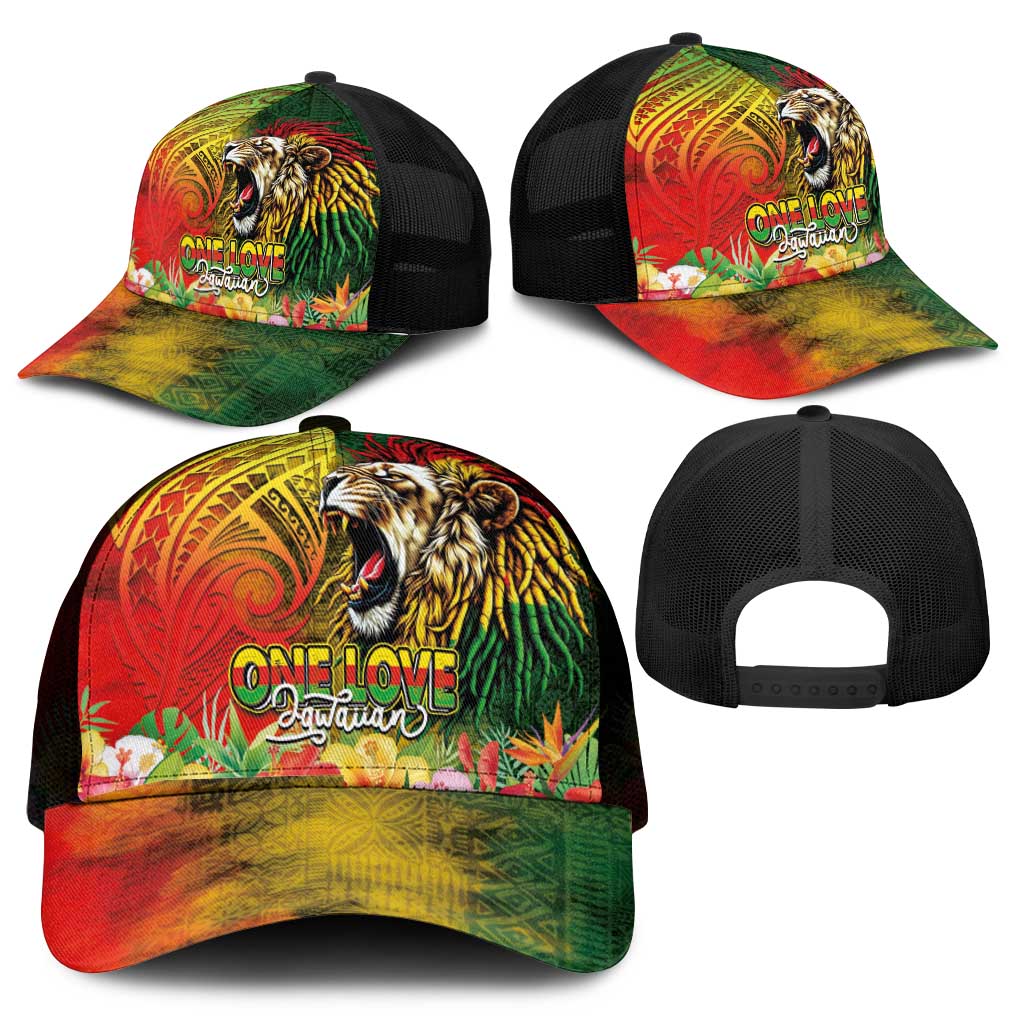 Hawaiian Reggae Mesh Trucker Cap Jawaiian One Love-Tribal Tatoos and Rastafari Lion - Polynesian Pride