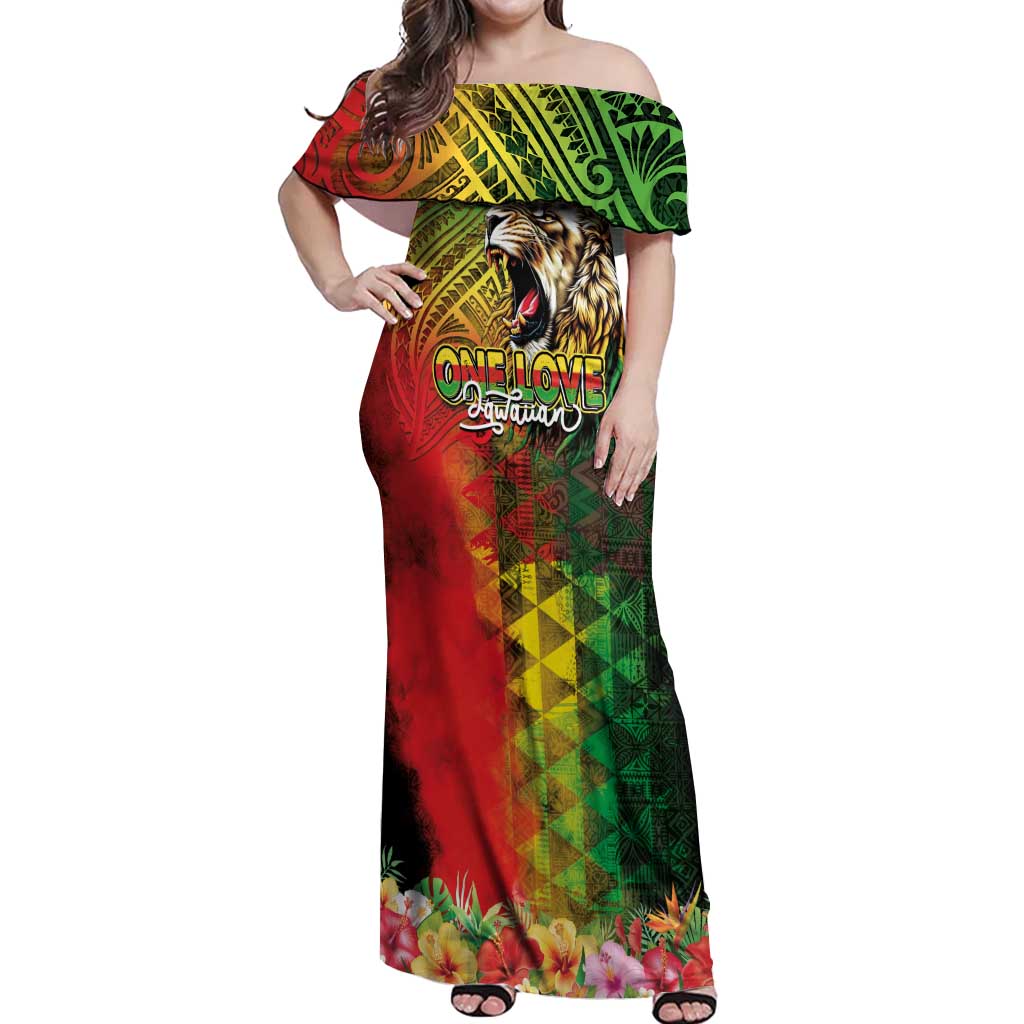 Hawaiian Reggae Off Shoulder Maxi Dress Jawaiian One Love-Tribal Tatoos and Rastafari Lion - Polynesian Pride