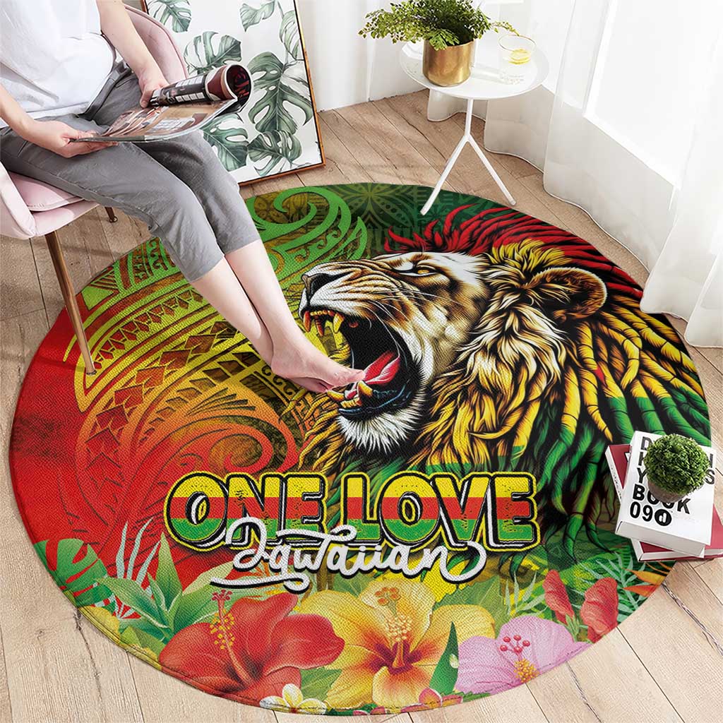 Hawaiian Reggae Round Carpet Jawaiian One Love-Tribal Tatoos and Rastafari Lion - Polynesian Pride