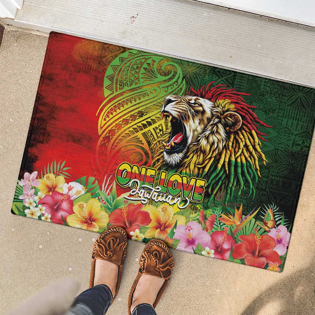 Hawaiian Reggae Rubber Doormat Jawaiian One Love-Tribal Tatoos and Rastafari Lion - Polynesian Pride