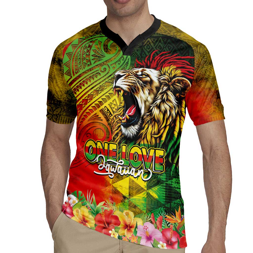 Hawaiian Reggae Rugby Jersey Jawaiian One Love-Tribal Tatoos and Rastafari Lion - Polynesian Pride
