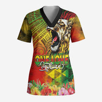 Hawaiian Reggae Scrub Top Jawaiian One Love-Tribal Tatoos and Rastafari Lion - Polynesian Pride