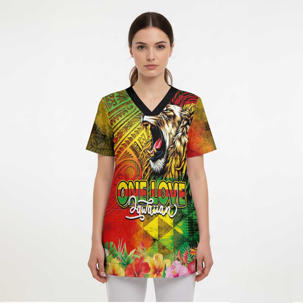 Hawaiian Reggae Scrub Top Jawaiian One Love-Tribal Tatoos and Rastafari Lion - Polynesian Pride