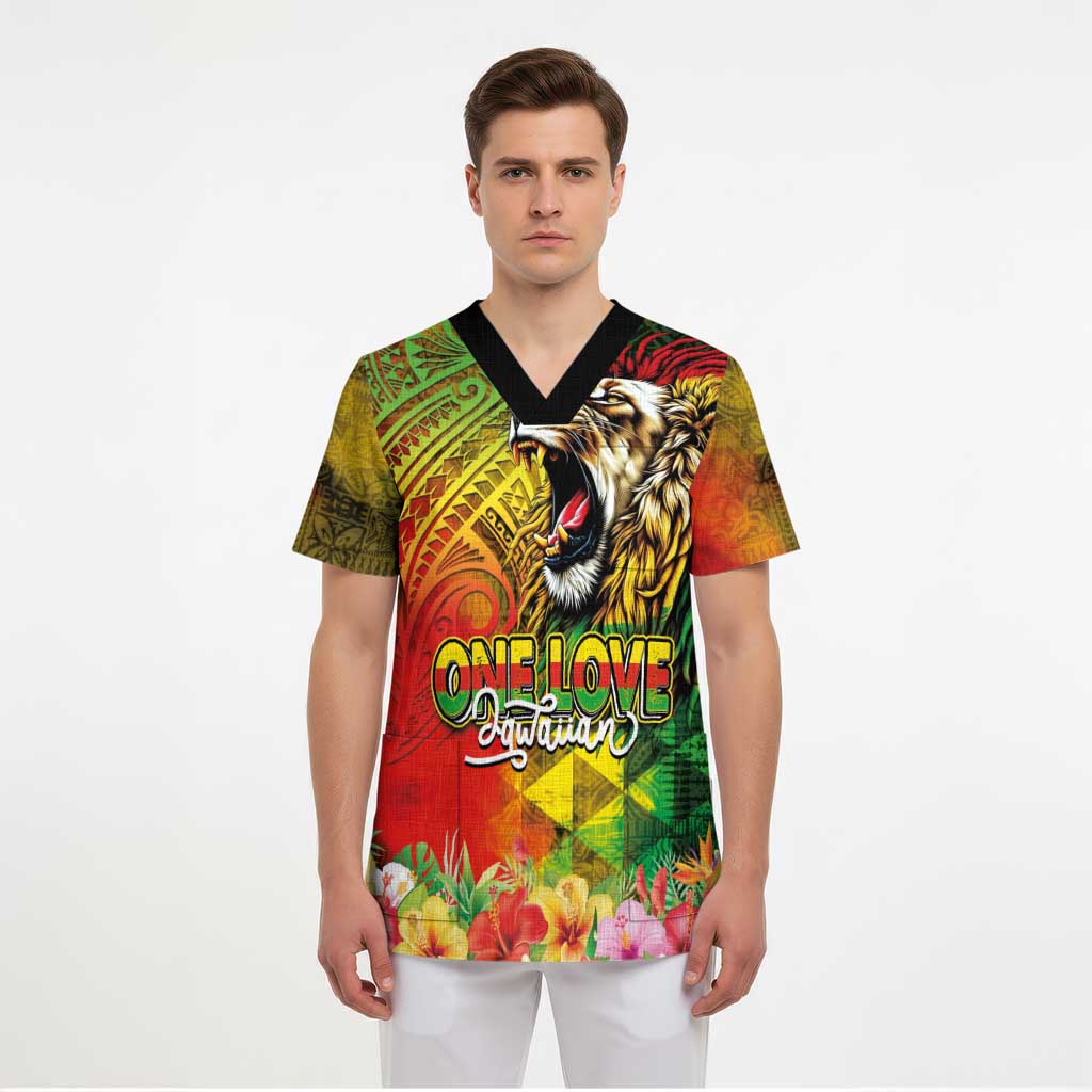 Hawaiian Reggae Scrub Top Jawaiian One Love-Tribal Tatoos and Rastafari Lion - Polynesian Pride