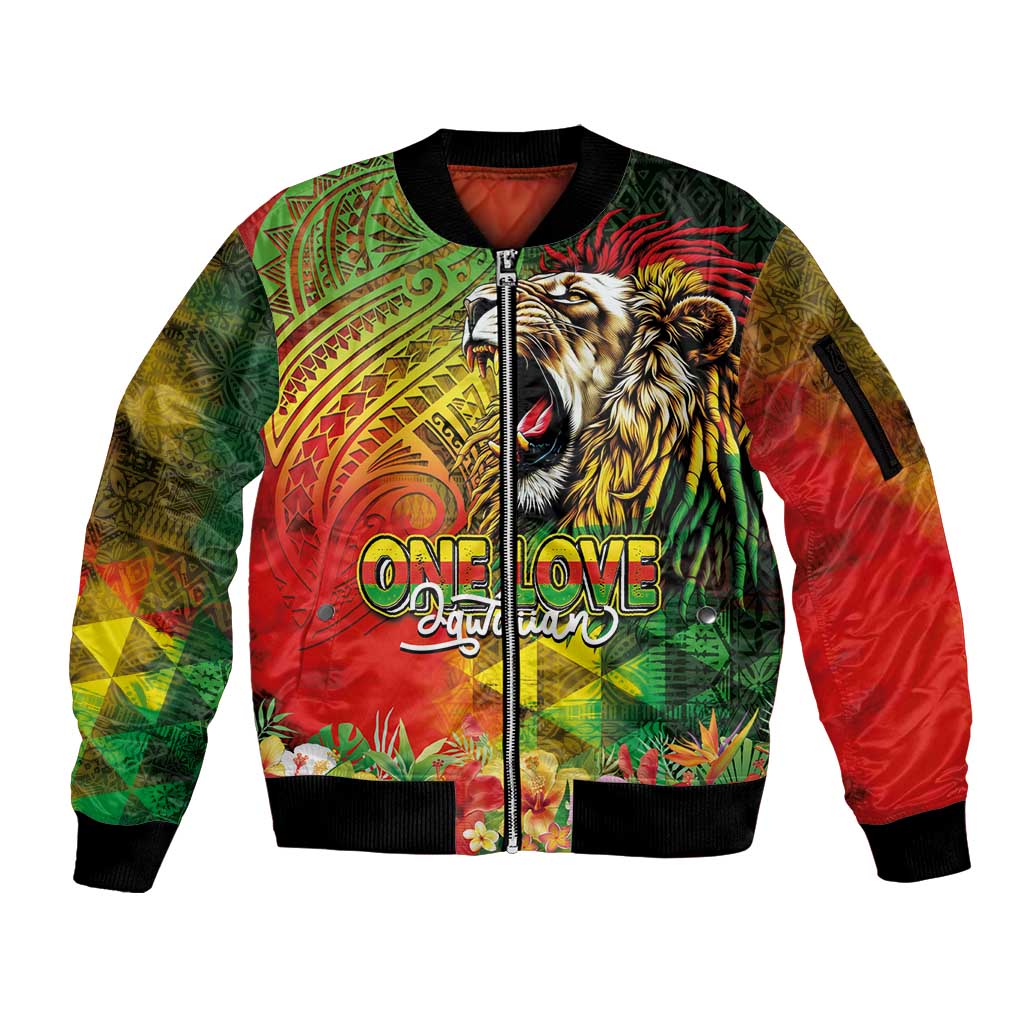 Hawaiian Reggae Sleeve Zip Bomber Jacket Jawaiian One Love-Tribal Tatoos and Rastafari Lion - Polynesian Pride