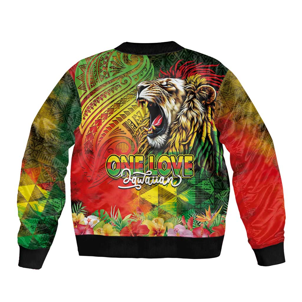 Hawaiian Reggae Sleeve Zip Bomber Jacket Jawaiian One Love-Tribal Tatoos and Rastafari Lion - Polynesian Pride