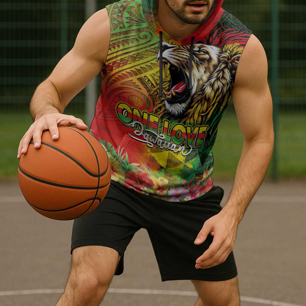 Hawaiian Reggae Sleeveless Hoodie Jawaiian One Love-Tribal Tatoos and Rastafari Lion - Polynesian Pride