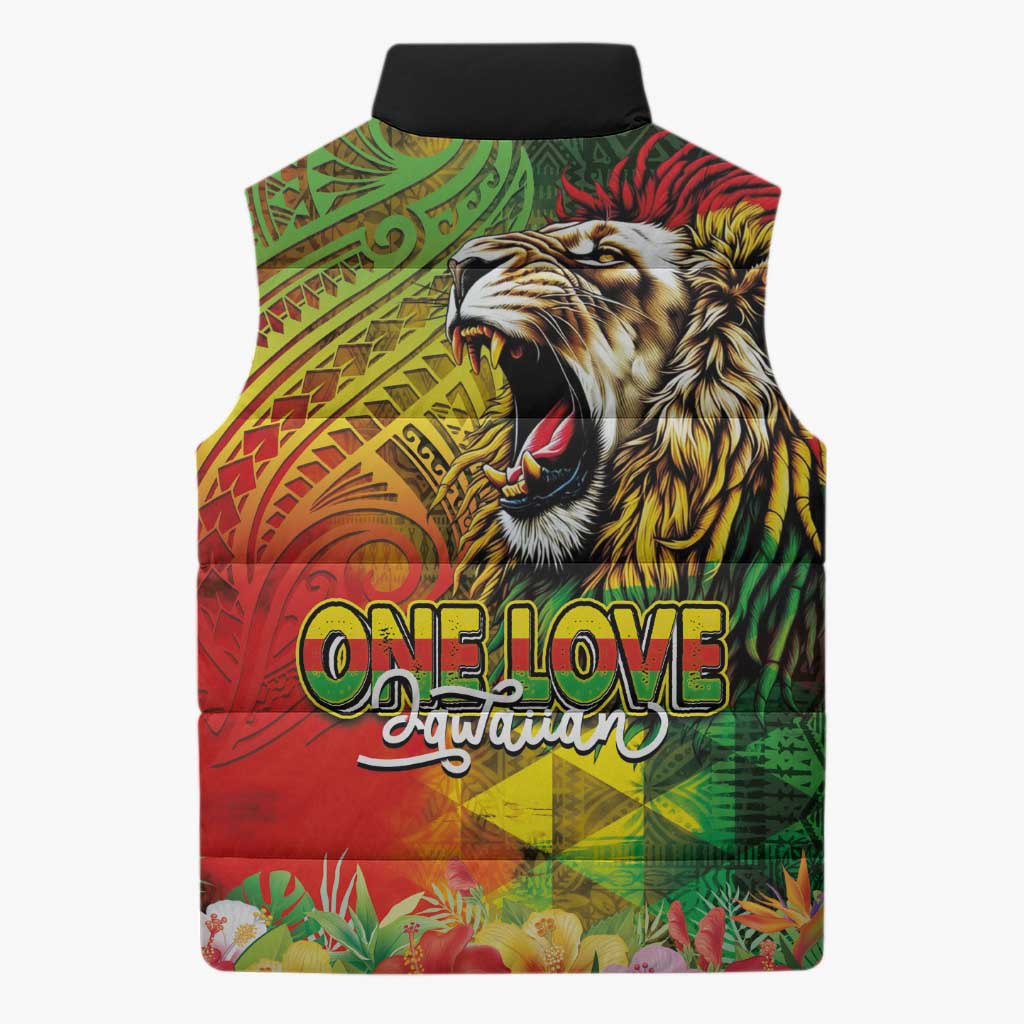 Hawaiian Reggae Sleeveless Puffer Jacket Jawaiian One Love-Tribal Tatoos and Rastafari Lion - Polynesian Pride