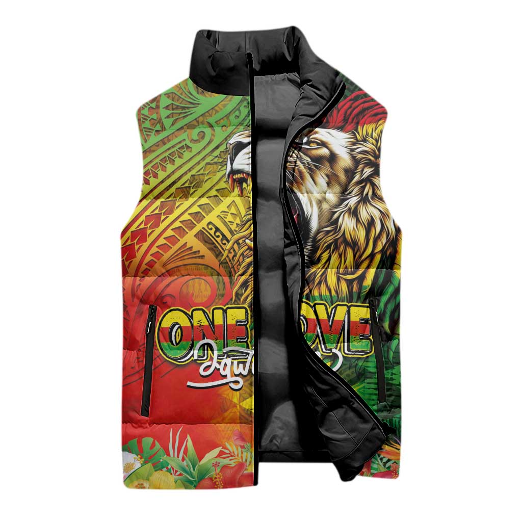 Hawaiian Reggae Sleeveless Puffer Jacket Jawaiian One Love-Tribal Tatoos and Rastafari Lion - Polynesian Pride