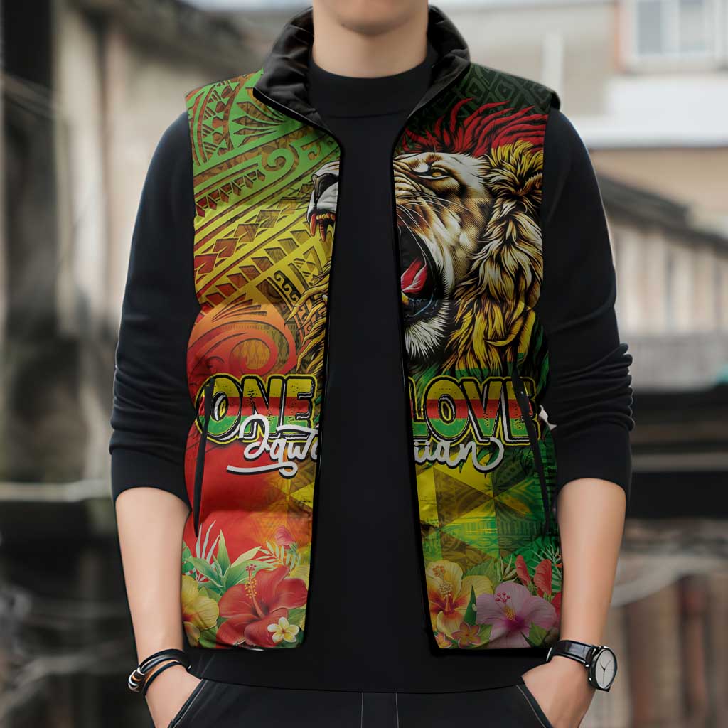 Hawaiian Reggae Sleeveless Puffer Jacket Jawaiian One Love-Tribal Tatoos and Rastafari Lion - Polynesian Pride