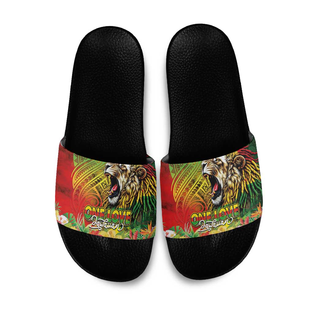 Hawaiian Reggae Slide Sandals Jawaiian One Love-Tribal Tatoos and Rastafari Lion - Polynesian Pride