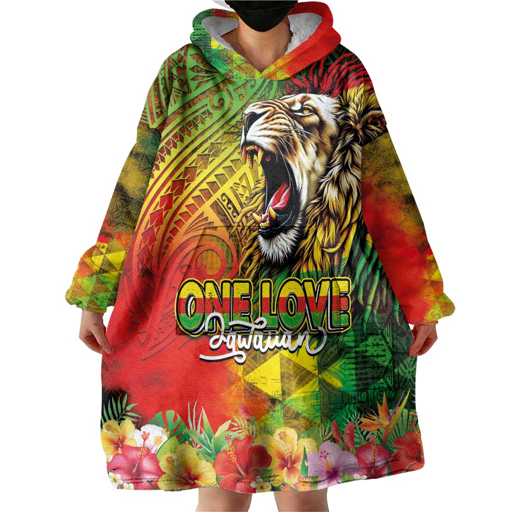 Hawaiian Reggae Wearable Blanket Hoodie Jawaiian One Love-Tribal Tatoos and Rastafari Lion - Polynesian Pride