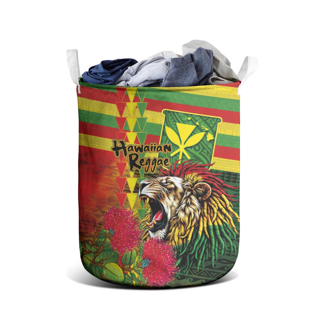 Hawaiian Reggae Laundry Basket Kakau Art Motifs with Ohia Lehua and Rastafari Lion - Polynesian Pride