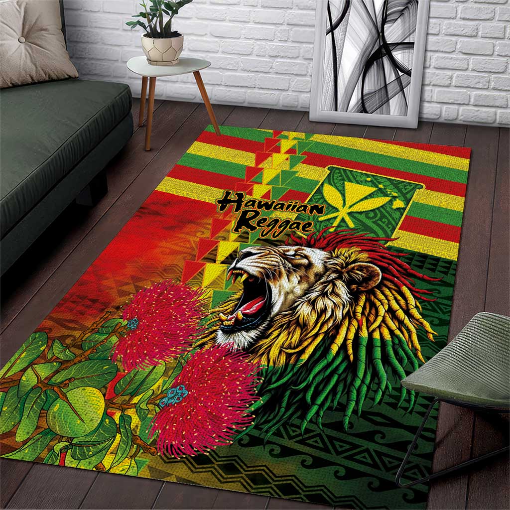 Hawaiian Reggae Area Rug Kakau Art Motifs with Ohia Lehua and Rastafari Lion - Polynesian Pride