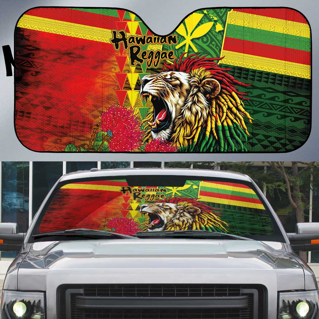 Hawaiian Reggae Auto Sun Shade Kakau Art Motifs with Ohia Lehua and Rastafari Lion - Polynesian Pride