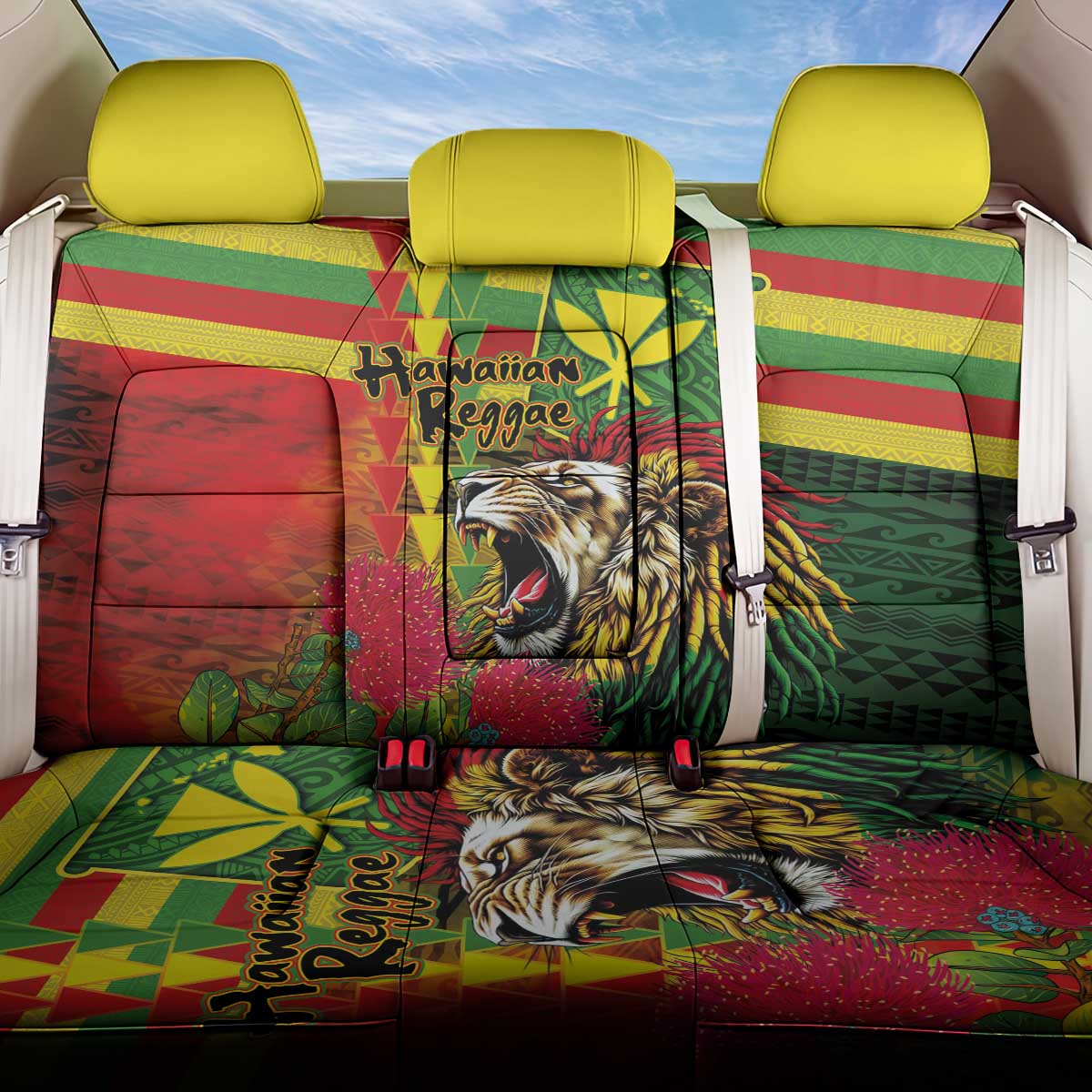 Hawaiian Reggae Back Car Seat Cover Kakau Art Motifs with Ohia Lehua and Rastafari Lion - Polynesian Pride