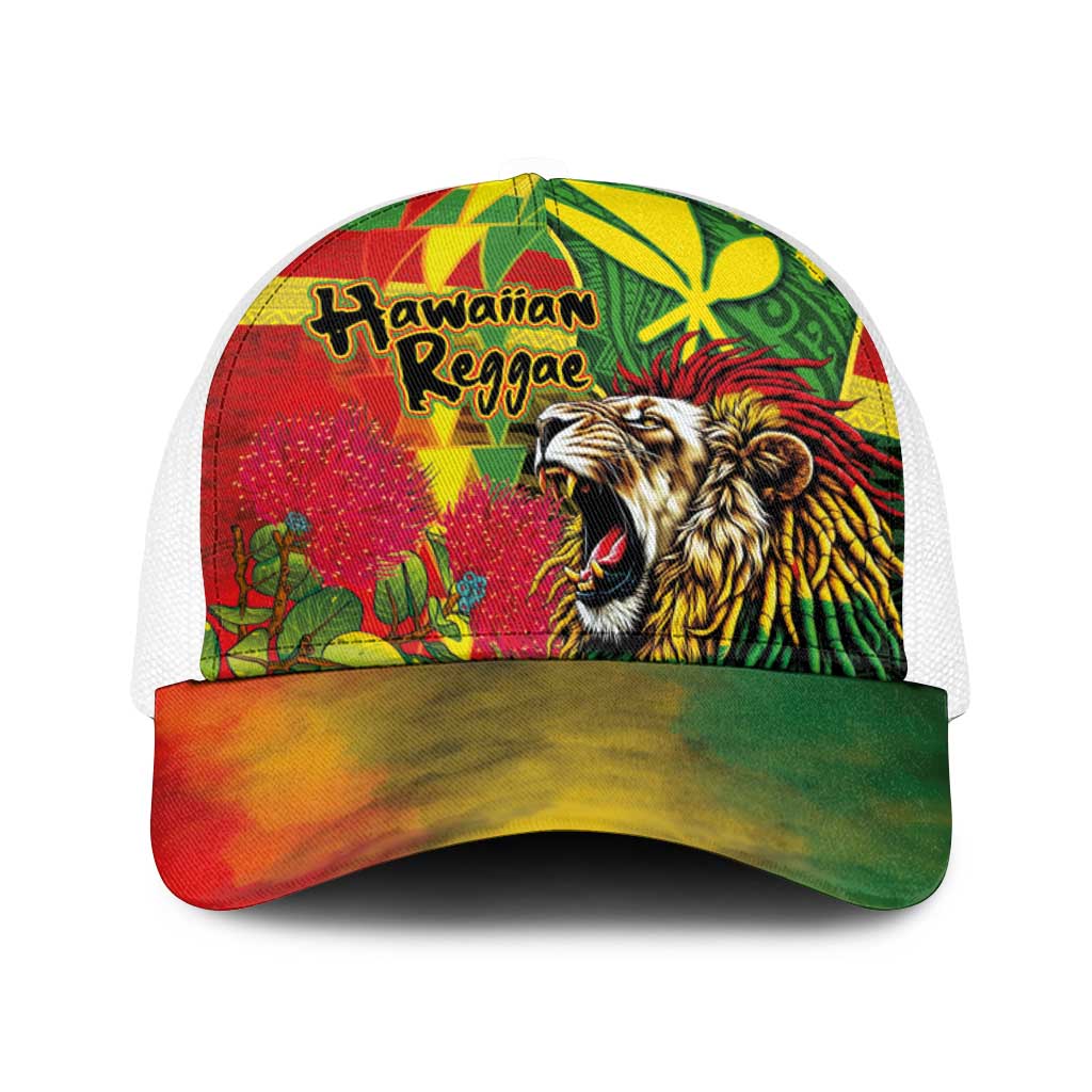 Hawaiian Reggae Baseball Net Cap Kakau Art Motifs with Ohia Lehua and Rastafari Lion - Polynesian Pride