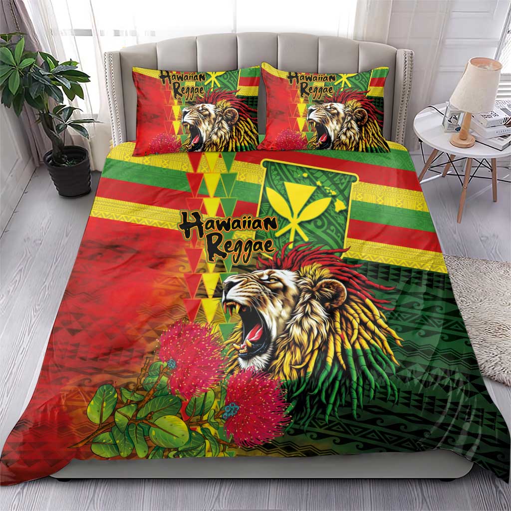 Hawaiian Reggae Bedding Set Kakau Art Motifs with Ohia Lehua and Rastafari Lion LT03 - Polynesian Pride