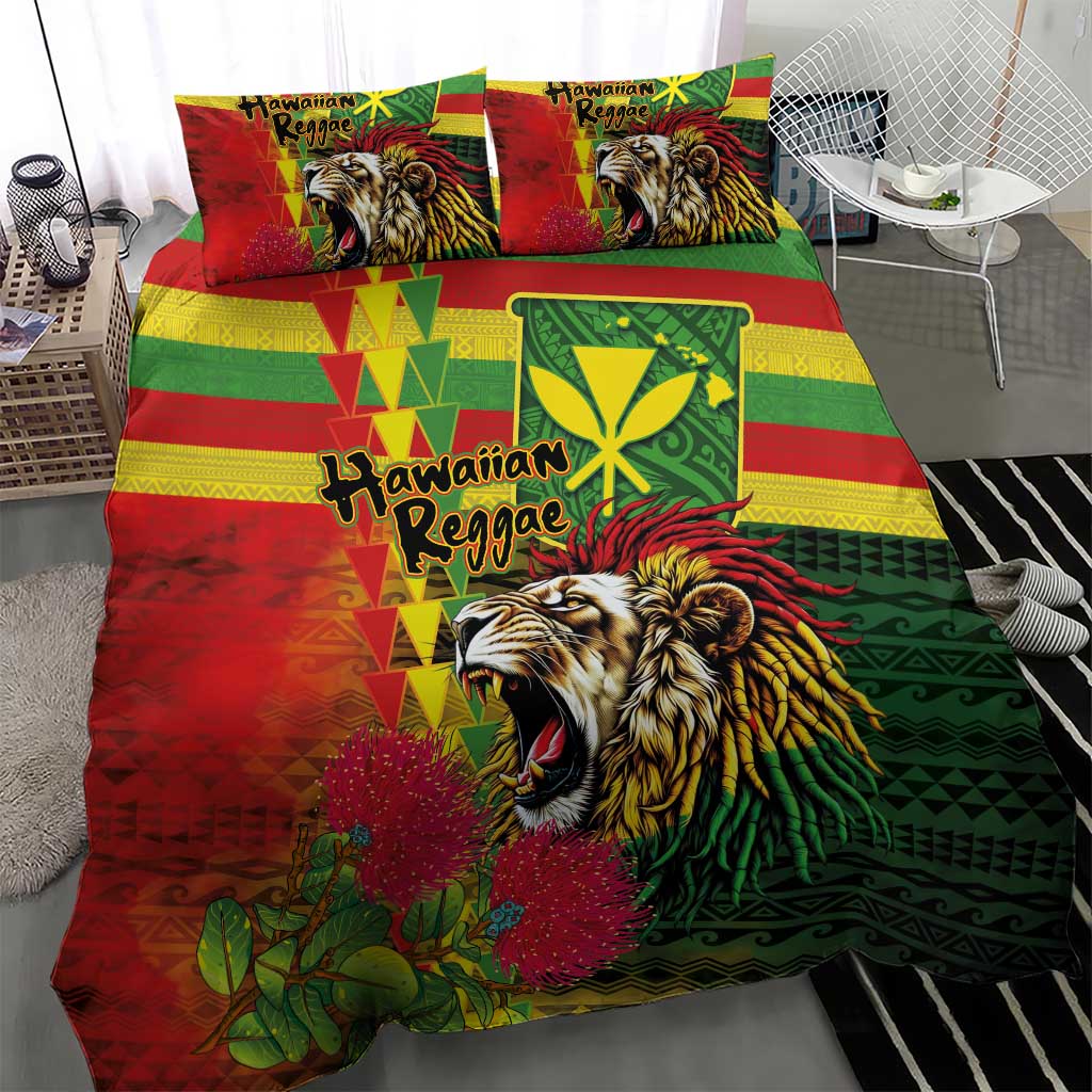 Hawaiian Reggae Bedding Set Kakau Art Motifs with Ohia Lehua and Rastafari Lion LT03 - Polynesian Pride