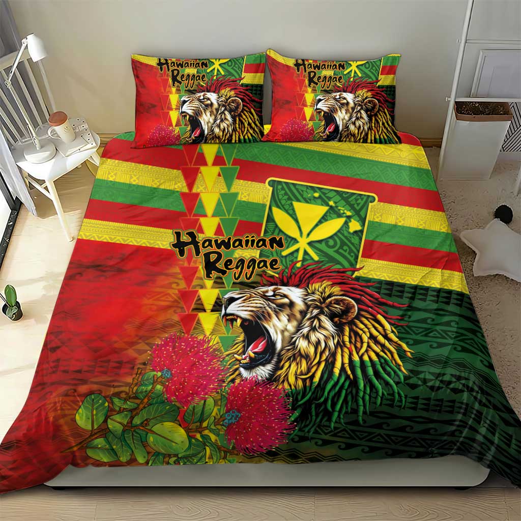 Hawaiian Reggae Bedding Set Kakau Art Motifs with Ohia Lehua and Rastafari Lion LT03 - Polynesian Pride