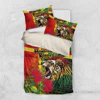 Hawaiian Reggae Bedding Set Kakau Art Motifs with Ohia Lehua and Rastafari Lion LT03 US Twin 172cm x 218cm Multicolor - Polynesian Pride