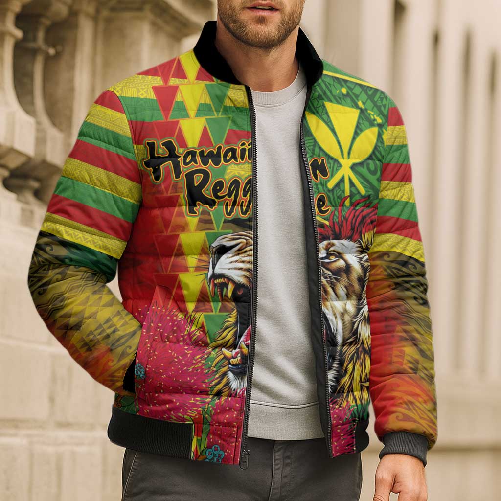 Hawaiian Reggae Bomber Puffer Jacket Kakau Art Motifs with Ohia Lehua and Rastafari Lion - Polynesian Pride