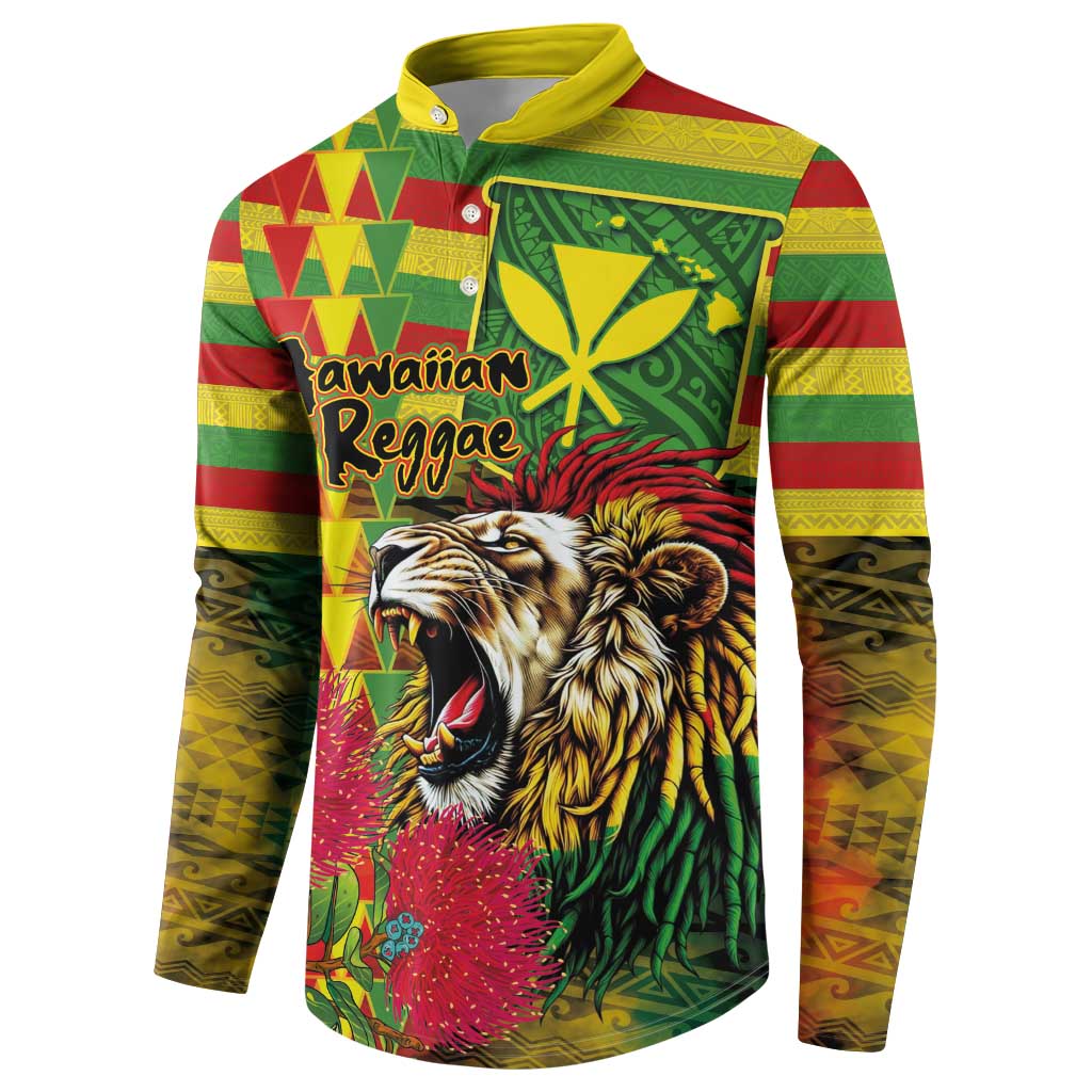 Hawaiian Reggae Button Sweatshirt Kakau Art Motifs with Ohia Lehua and Rastafari Lion LT03 - Polynesian Pride